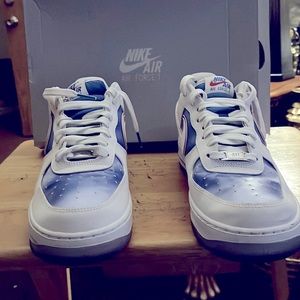 Men’s size 9 Nike white and blue air force ones (Worn once).